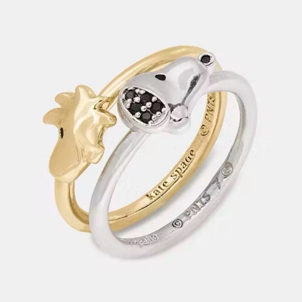 Kate Spade New York Peanuts Snoopy & Woodstock Ring Set Gold/ Silver NEW NWT 7